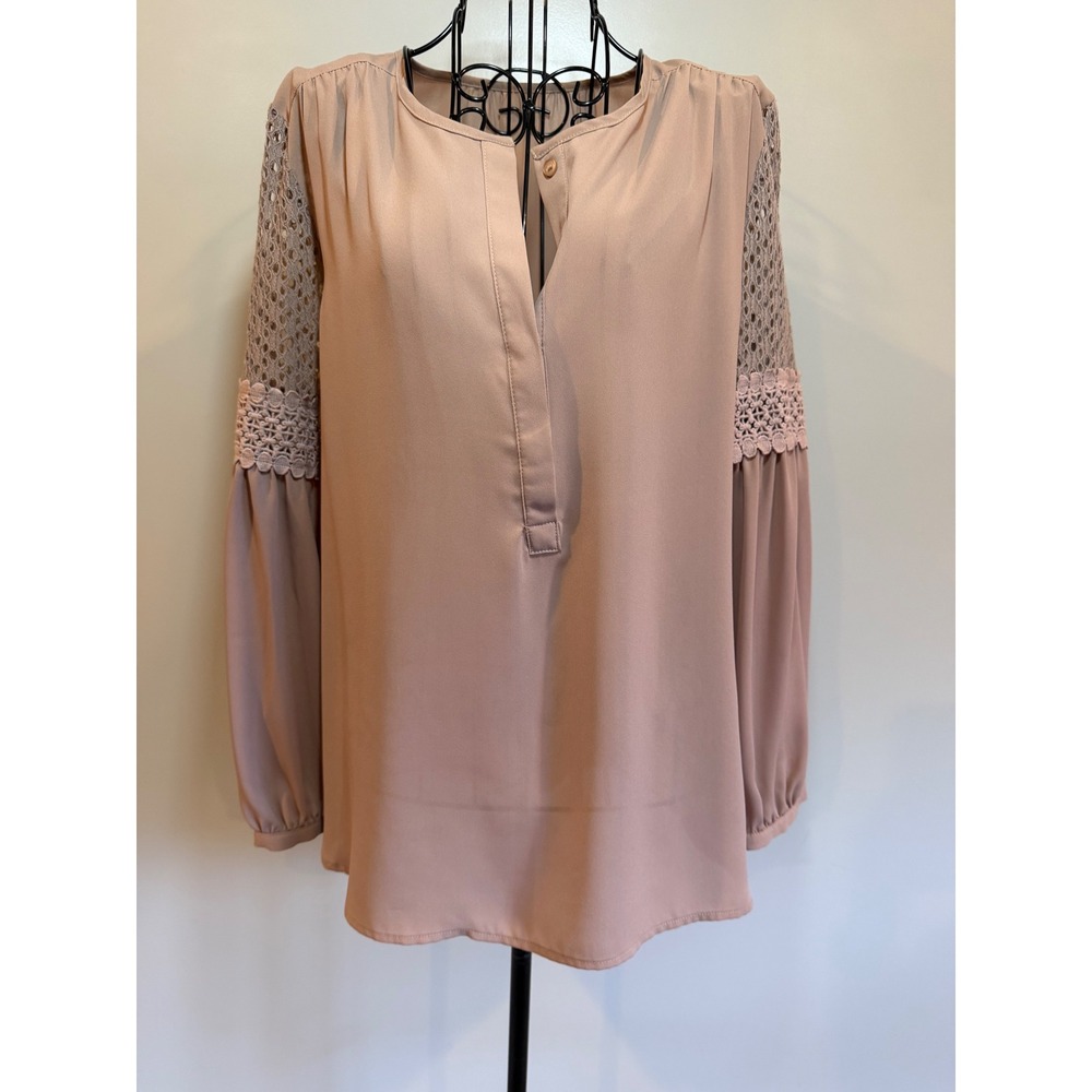 Mauve Taupe Crochet Lace Long Bishop Sleeve Split Neck Boho‎ Blouse Top
